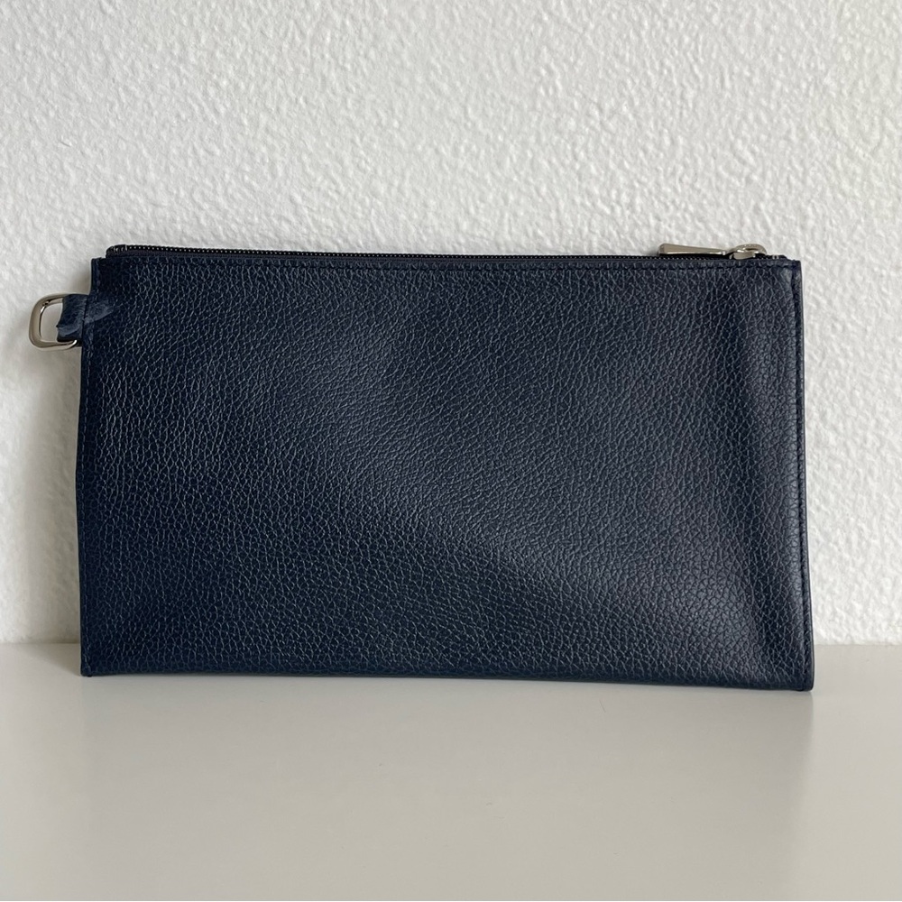 Longchamp Le Foulonné Navy Blue Pebbled Leather Clutch Purse Pouch Zippered - Picture 2 of 10